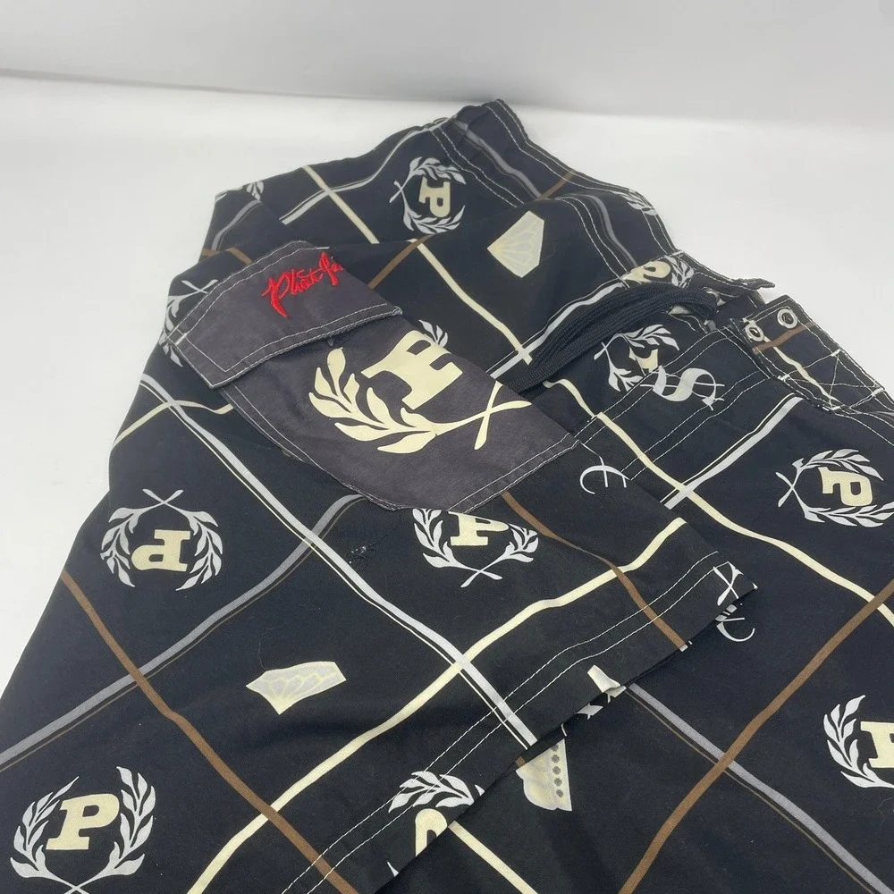 Phat Farm Men's L Black Hip Hop Swim Shorts Trunks Money Crown Diamond Print